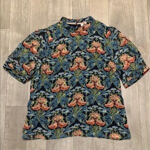 Meadow Rue By Anthropologie Floral Sheer Lined Metallic Keyhole Top Blouse Shirt